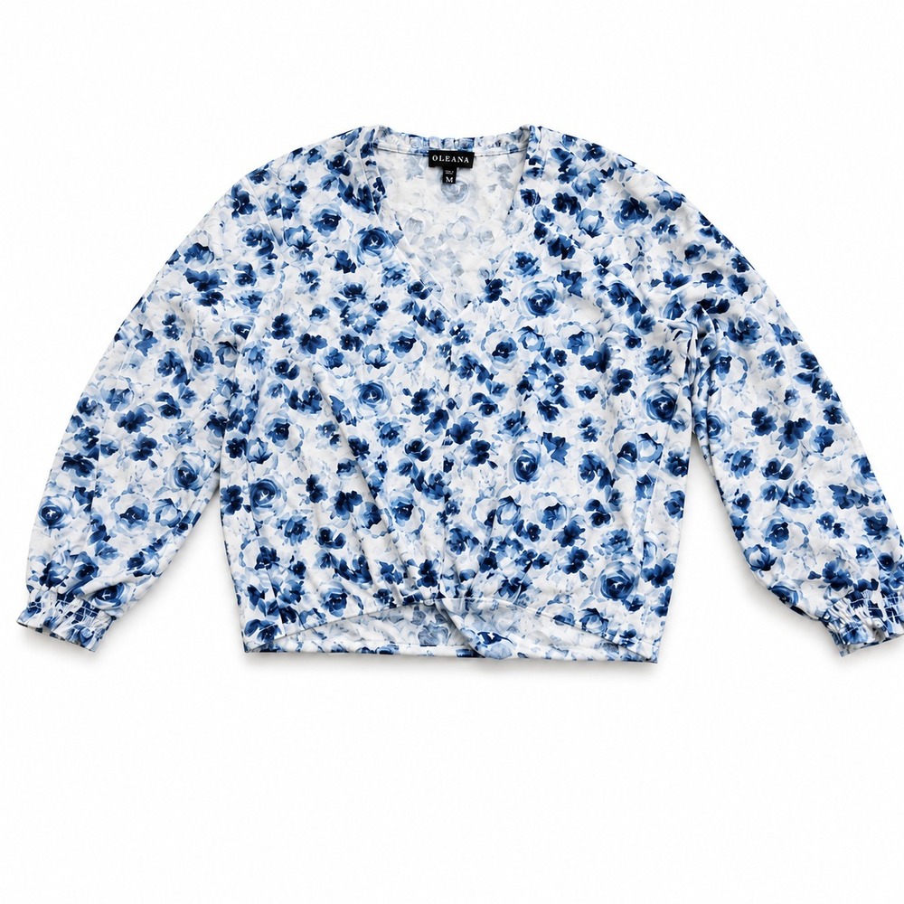 Oleana Top Women's Medium Blue/white Floral Front Tie 3/4 Sleeve